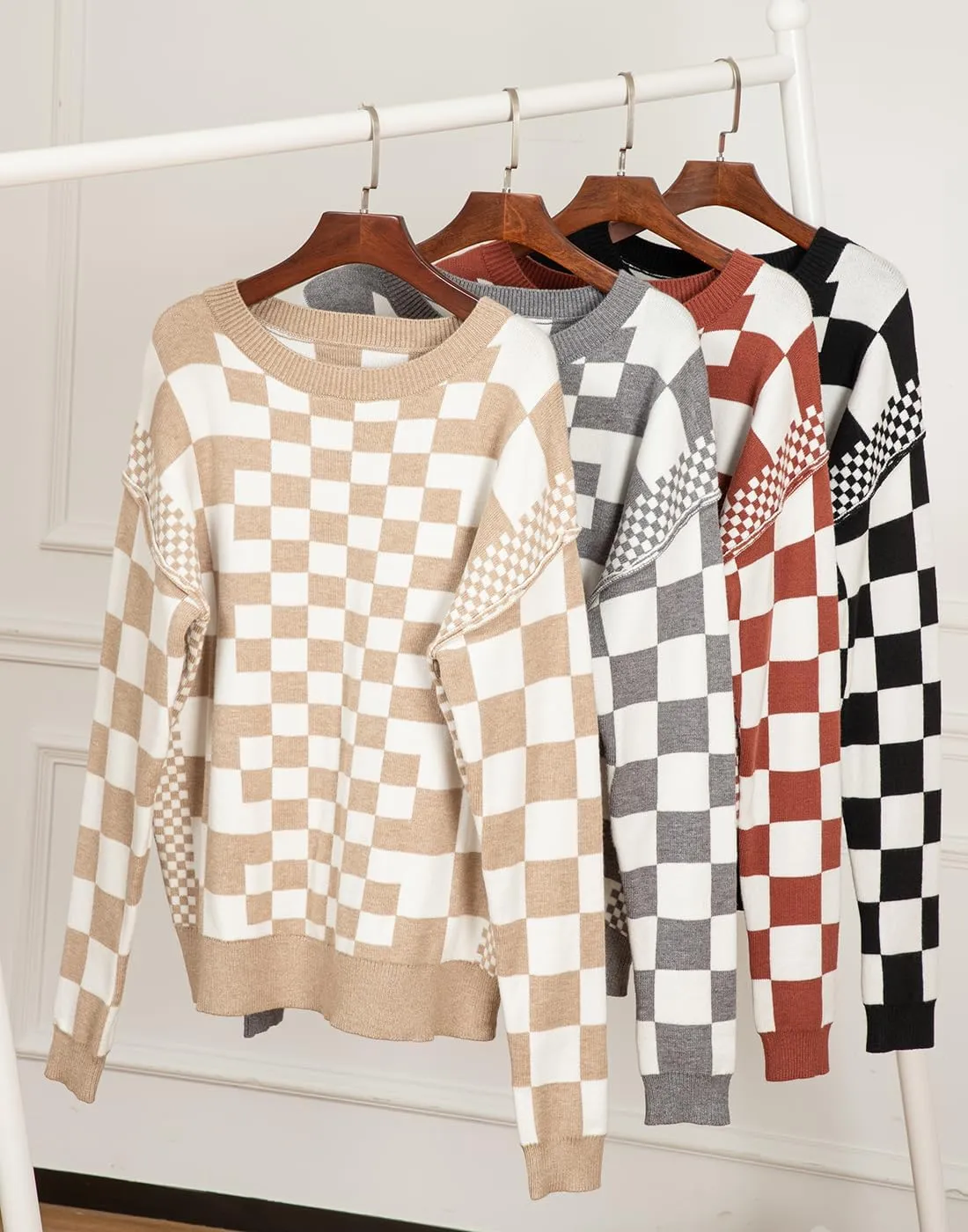 KevaMolly Womens Long Sleeve Sweaters Checkered Print Drop Shoulder Round Neck Sweater Casual Daily Winter Sweater