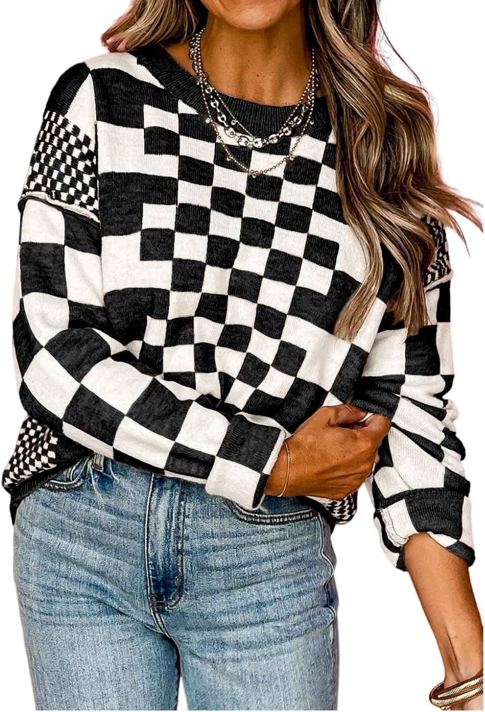 KevaMolly Womens Long Sleeve Sweaters Checkered Print Drop Shoulder Round Neck Sweater Casual Daily Winter Sweater