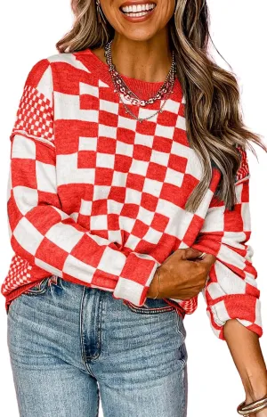 KevaMolly Womens Long Sleeve Sweaters Checkered Print Drop Shoulder Round Neck Sweater Casual Daily Winter Sweater