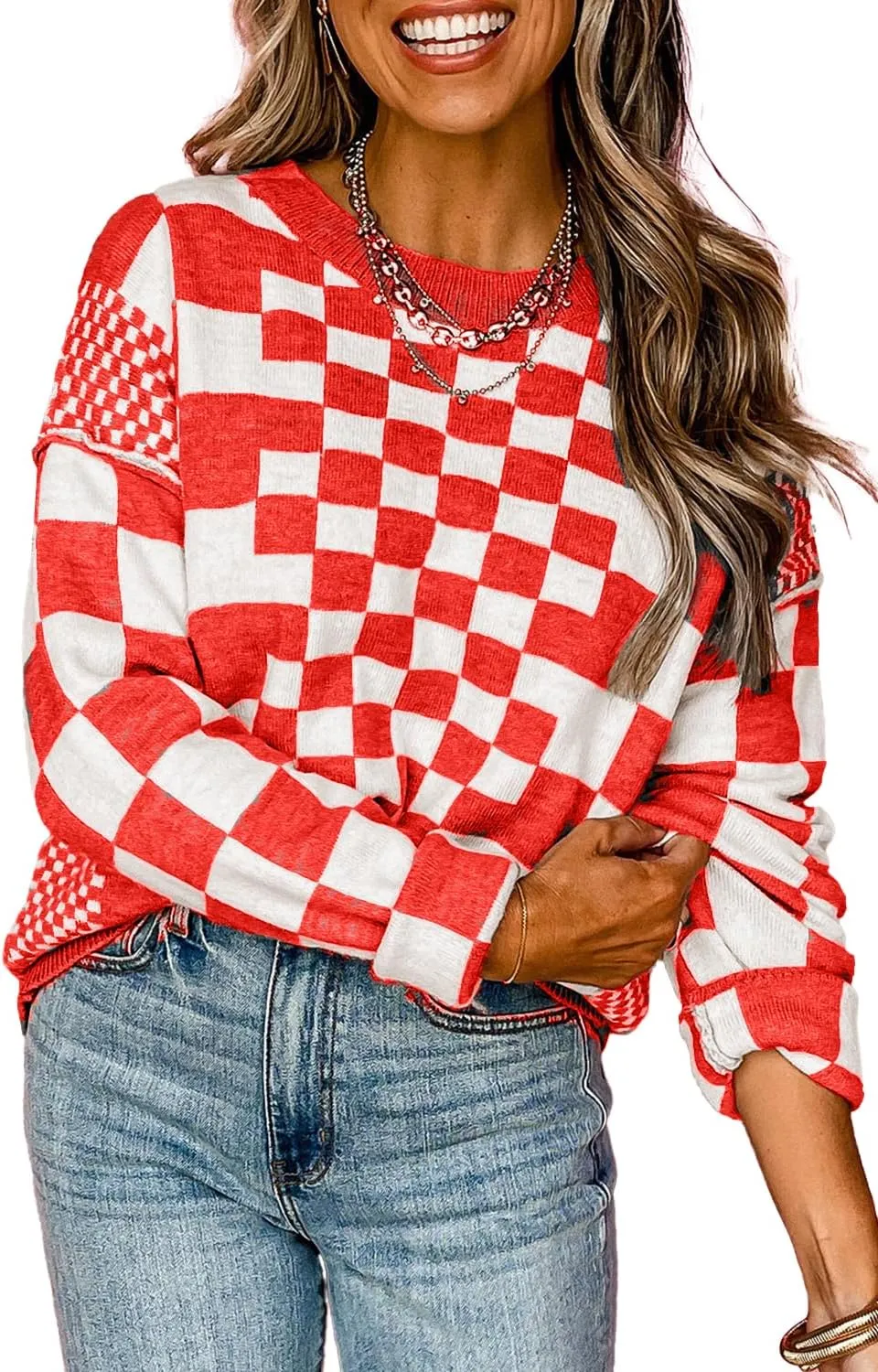 KevaMolly Womens Long Sleeve Sweaters Checkered Print Drop Shoulder Round Neck Sweater Casual Daily Winter Sweater