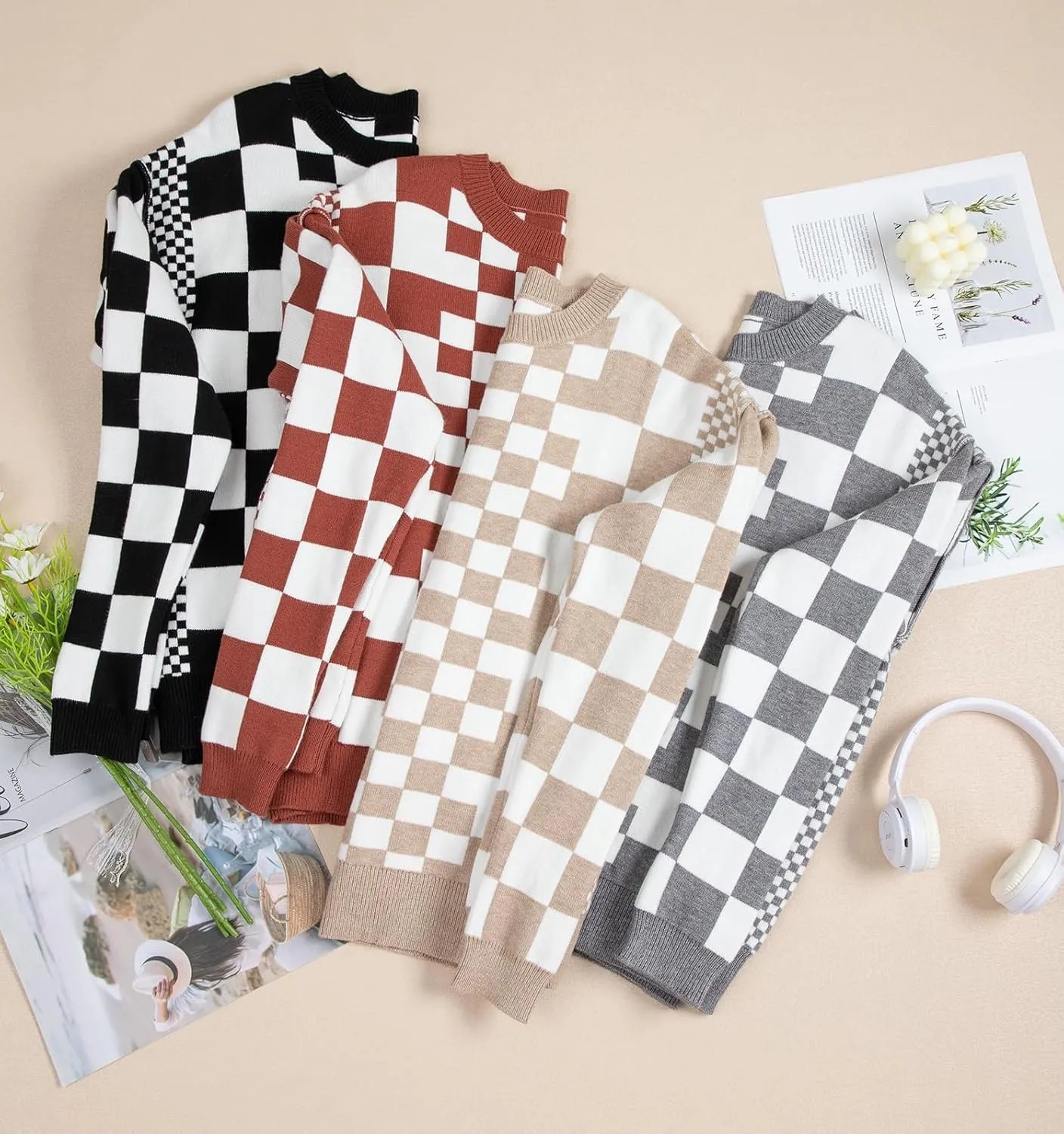 KevaMolly Womens Long Sleeve Sweaters Checkered Print Drop Shoulder Round Neck Sweater Casual Daily Winter Sweater