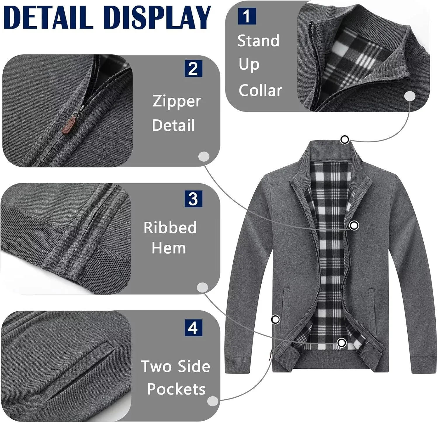 Men's Cardigan Full Zip Up Stand Collar Sweaters With Pockets Thick Sweater Jacket