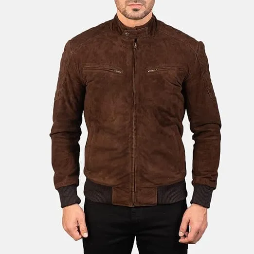 Mens Genuine Suede Bomber A-2 Style Quilted Lining shoulder Band Collar Rib knit cuffs Leather Jacket For Men