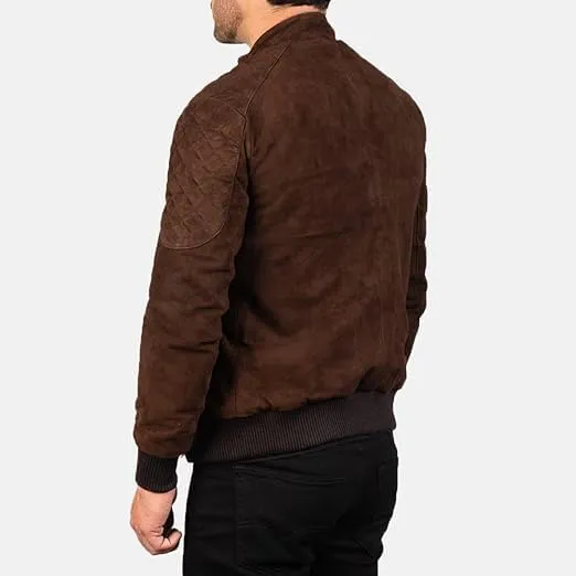 Mens Genuine Suede Bomber A-2 Style Quilted Lining shoulder Band Collar Rib knit cuffs Leather Jacket For Men