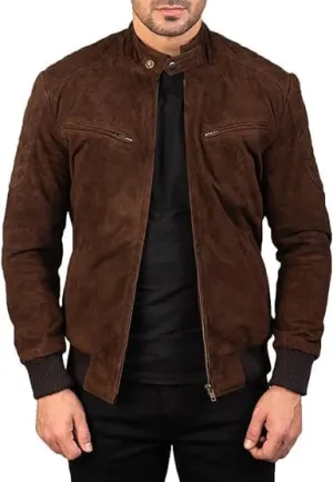 Mens Genuine Suede Bomber A-2 Style Quilted Lining shoulder Band Collar Rib knit cuffs Leather Jacket For Men