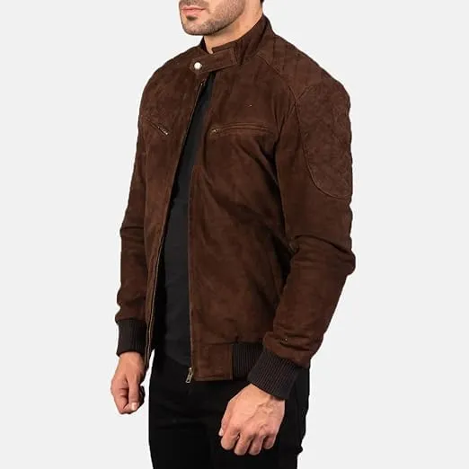 Mens Genuine Suede Bomber A-2 Style Quilted Lining shoulder Band Collar Rib knit cuffs Leather Jacket For Men
