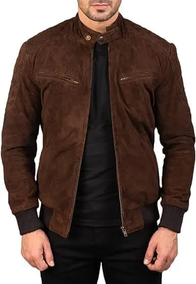 Mens Genuine Suede Bomber A-2 Style Quilted Lining shoulder Band Collar Rib knit cuffs Leather Jacket For Men