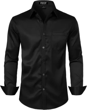 Men's Stretch Slim Fit Dress Shirts Formal Wedding Prom Business Long Sleeve Button Down Shirt with Pocket