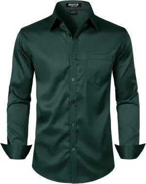 Men's Stretch Slim Fit Dress Shirts Formal Wedding Prom Business Long Sleeve Button Down Shirt with Pocket