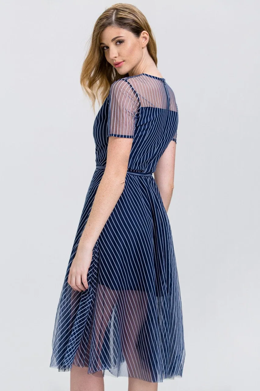 Navy Blue Stripe (Soft Tulle )Sheer Sleeve Midi Dress