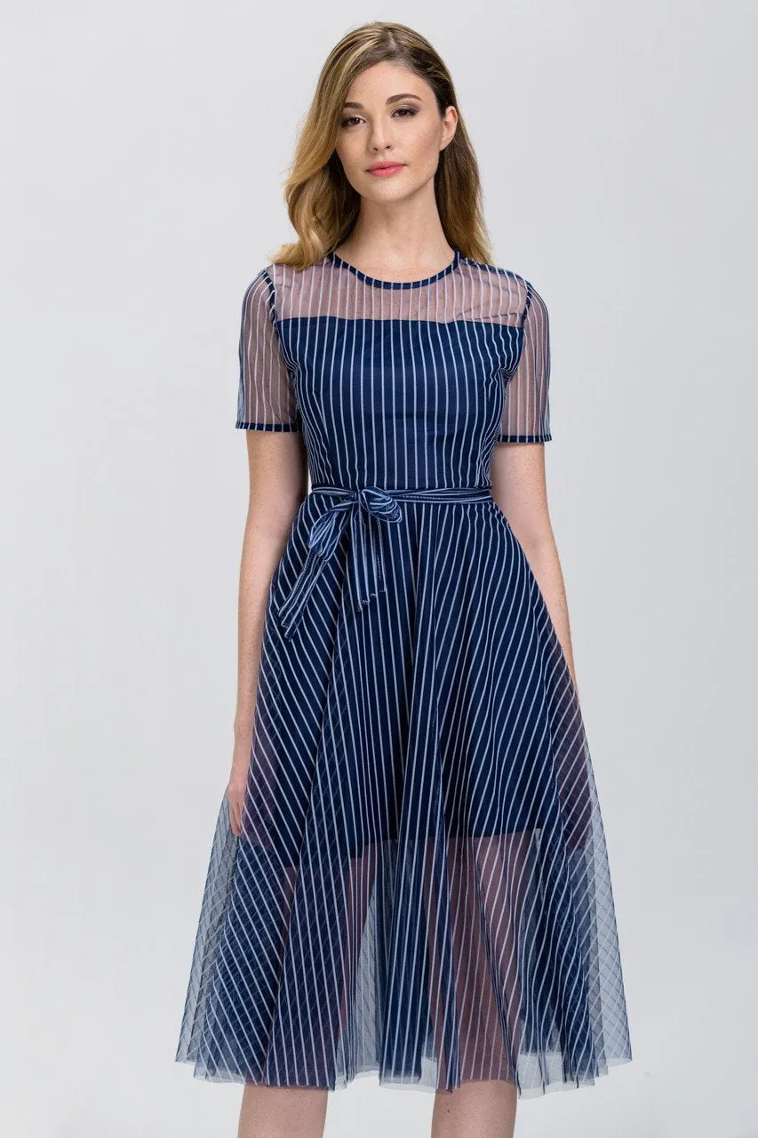 Navy Blue Stripe (Soft Tulle )Sheer Sleeve Midi Dress