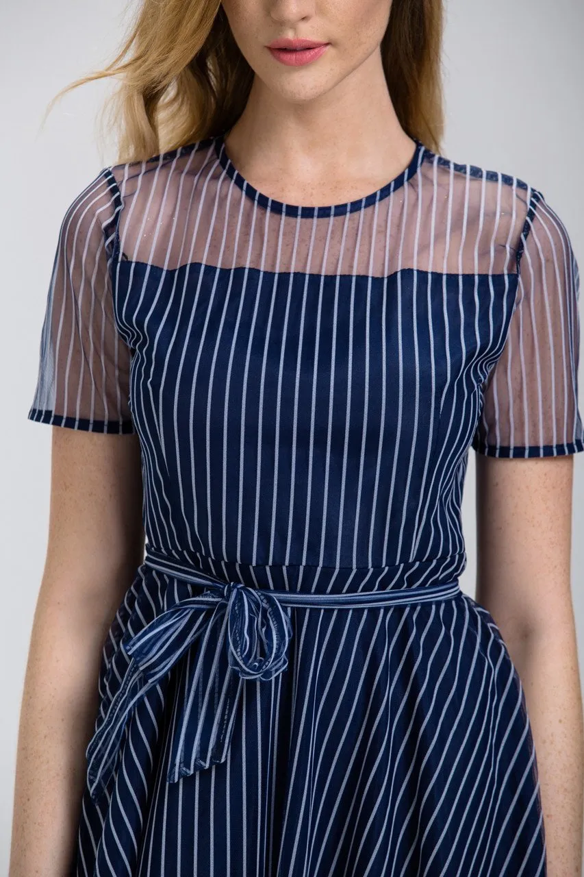 Navy Blue Stripe (Soft Tulle )Sheer Sleeve Midi Dress
