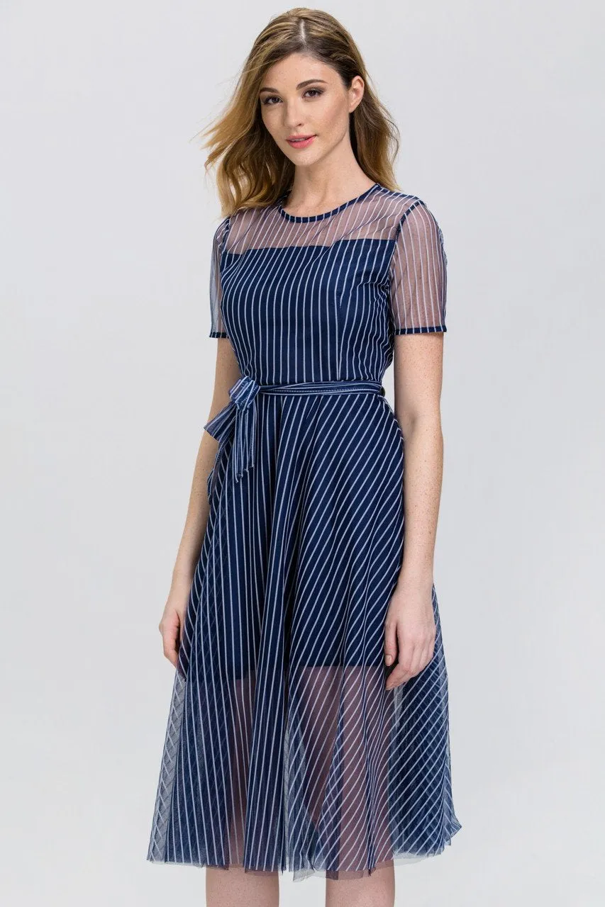 Navy Blue Stripe (Soft Tulle )Sheer Sleeve Midi Dress