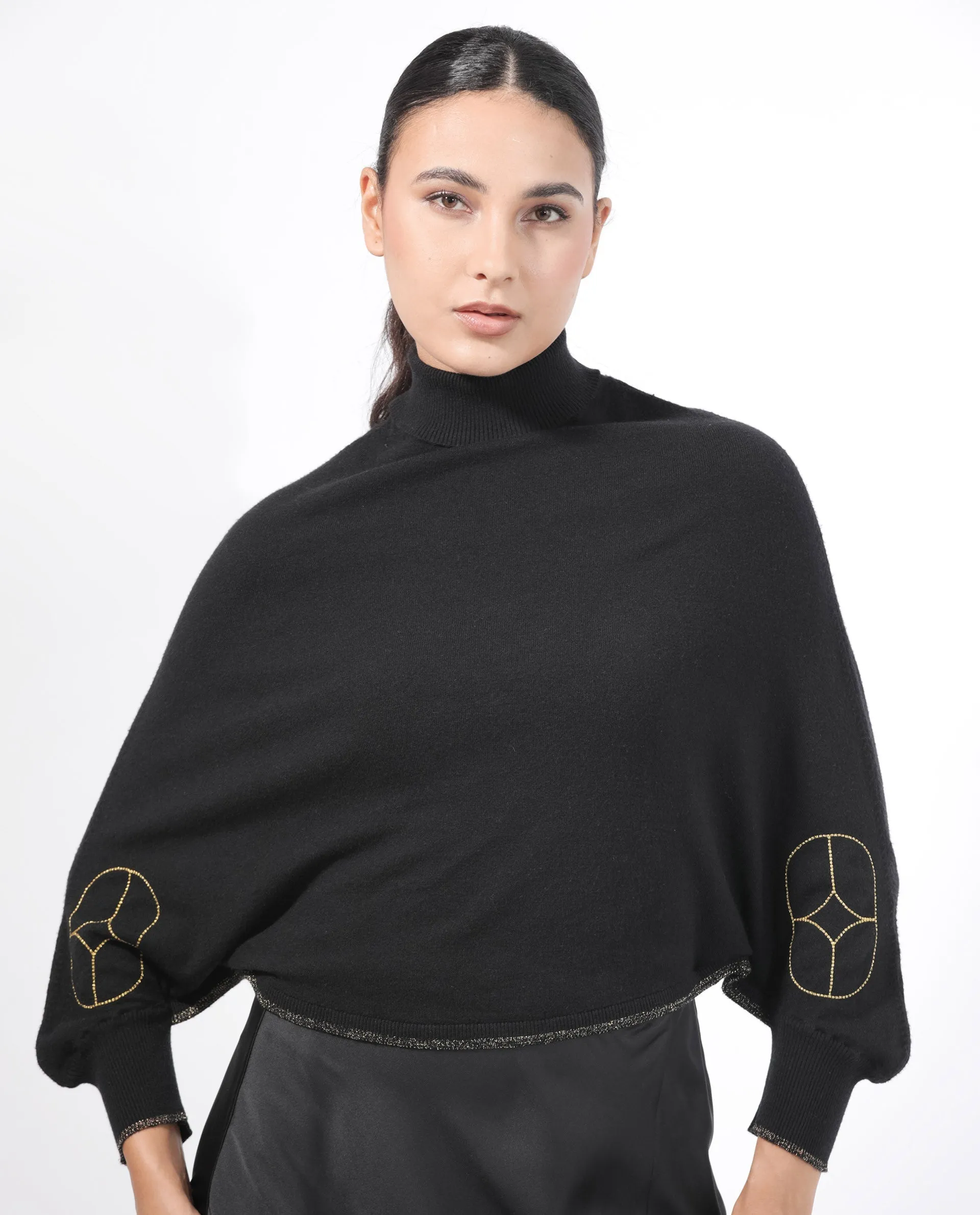 Rareism Women Sabel Black Viscose Fabric Full Sleeves Turtle Neck Kimono Sleeve Relaxed Fit Plain Cropped Sweater