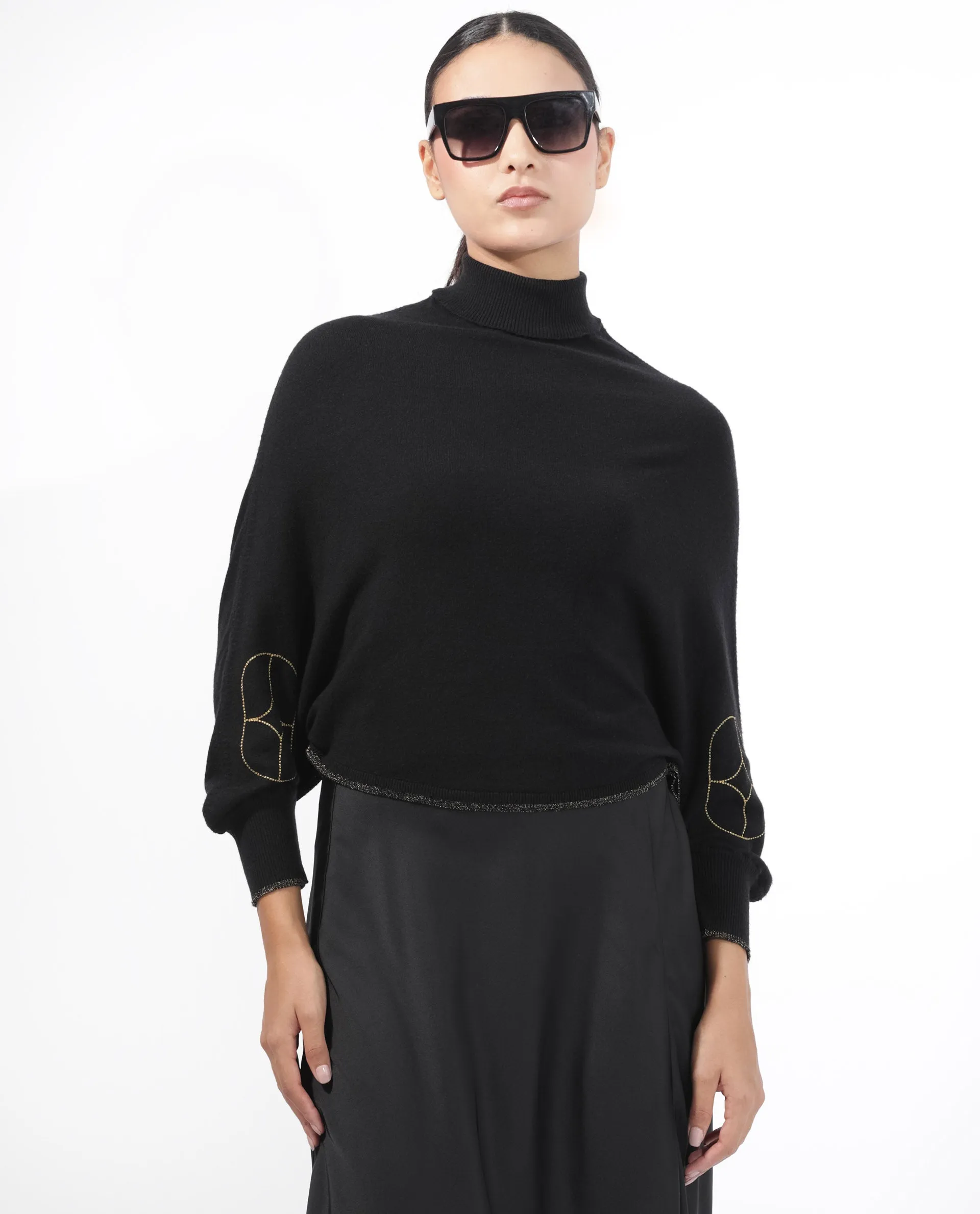 Rareism Women Sabel Black Viscose Fabric Full Sleeves Turtle Neck Kimono Sleeve Relaxed Fit Plain Cropped Sweater