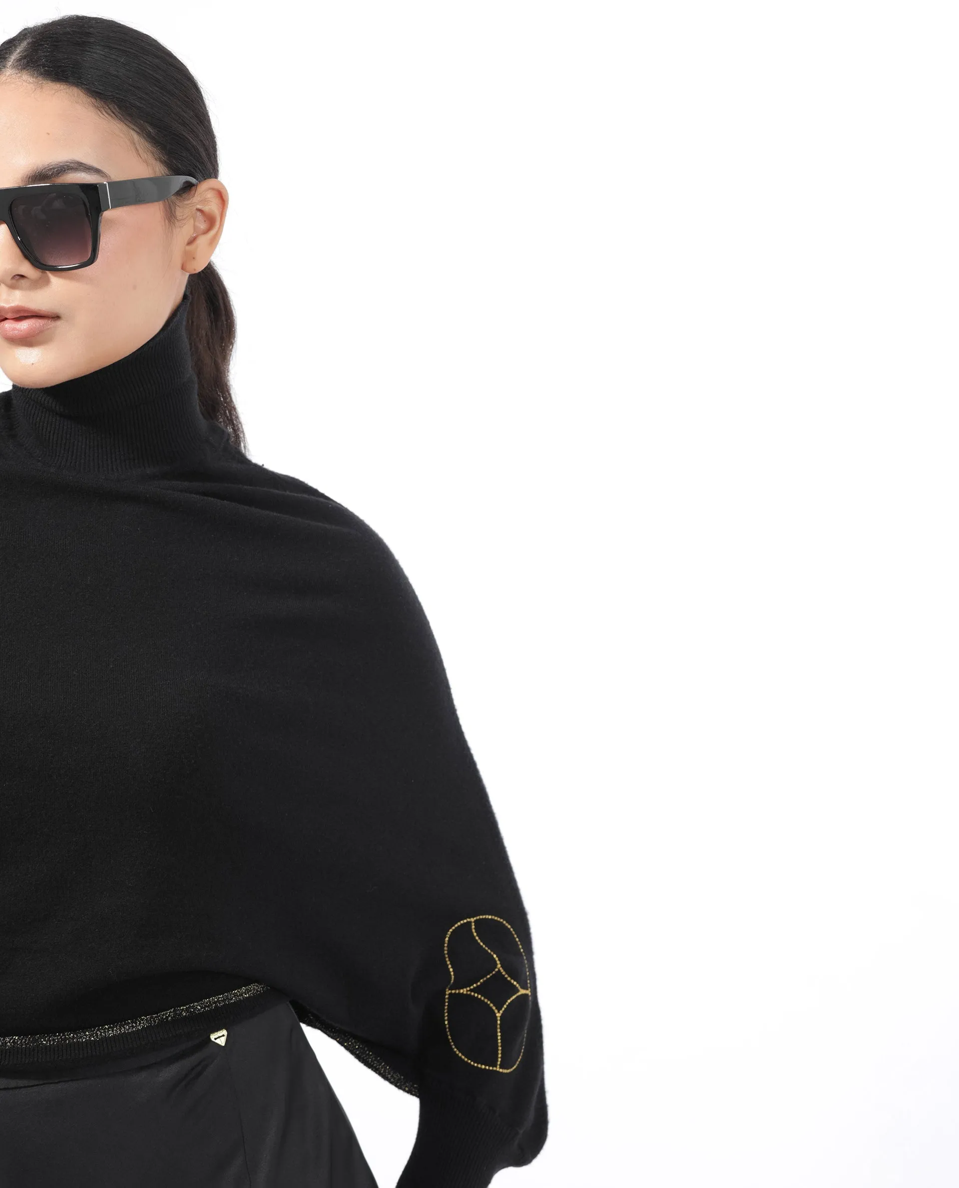 Rareism Women Sabel Black Viscose Fabric Full Sleeves Turtle Neck Kimono Sleeve Relaxed Fit Plain Cropped Sweater