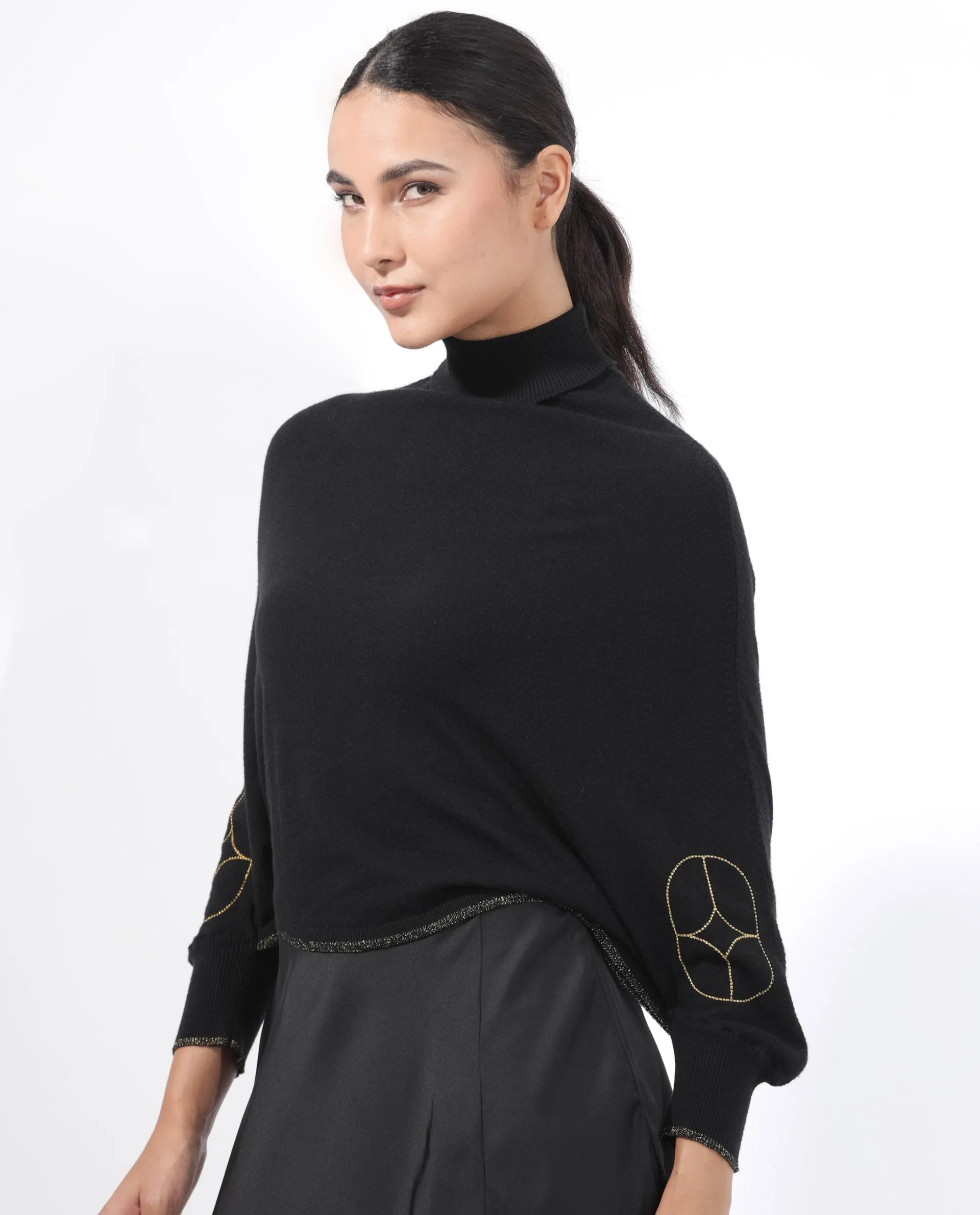 Rareism Women Sabel Black Viscose Fabric Full Sleeves Turtle Neck Kimono Sleeve Relaxed Fit Plain Cropped Sweater