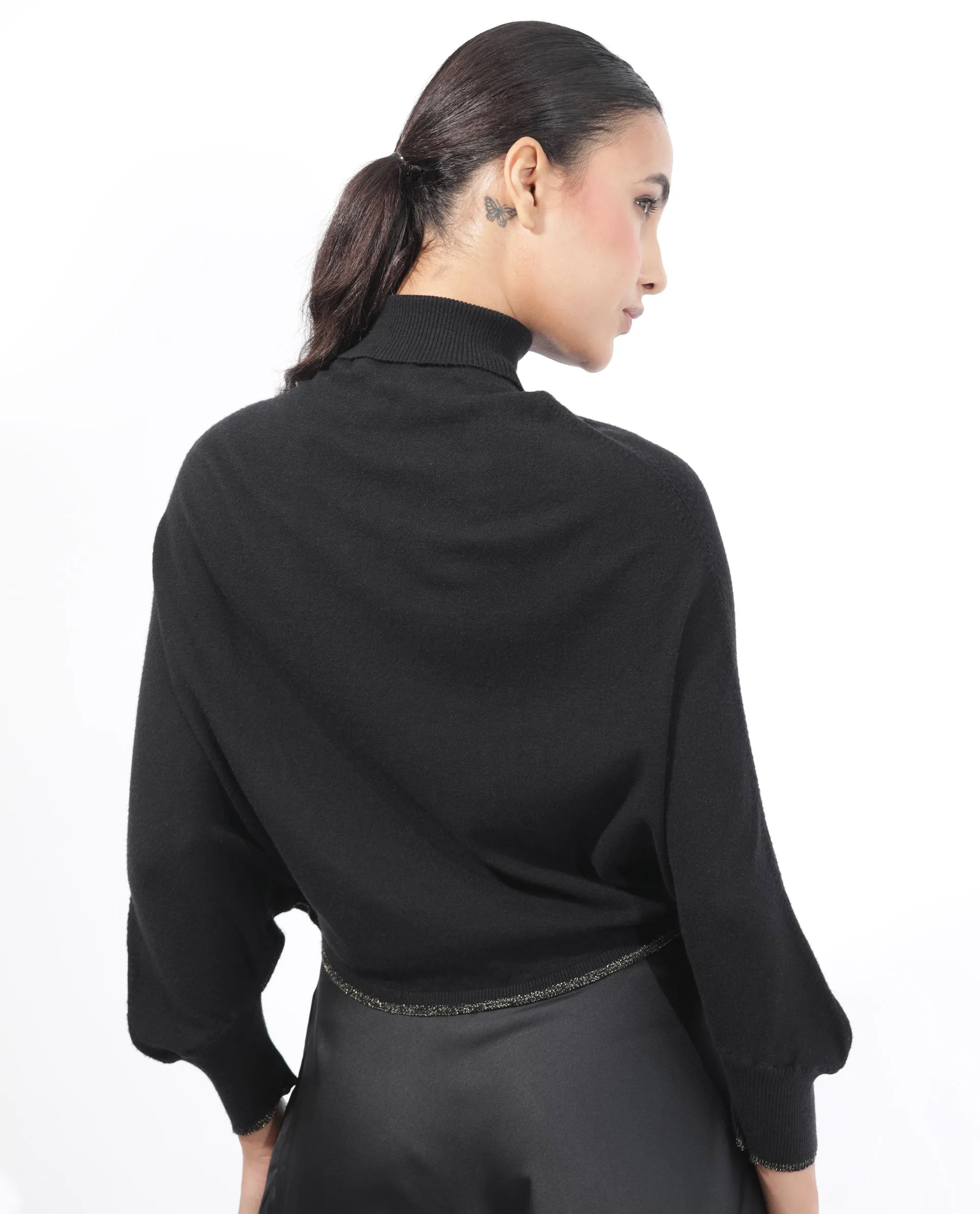 Rareism Women Sabel Black Viscose Fabric Full Sleeves Turtle Neck Kimono Sleeve Relaxed Fit Plain Cropped Sweater
