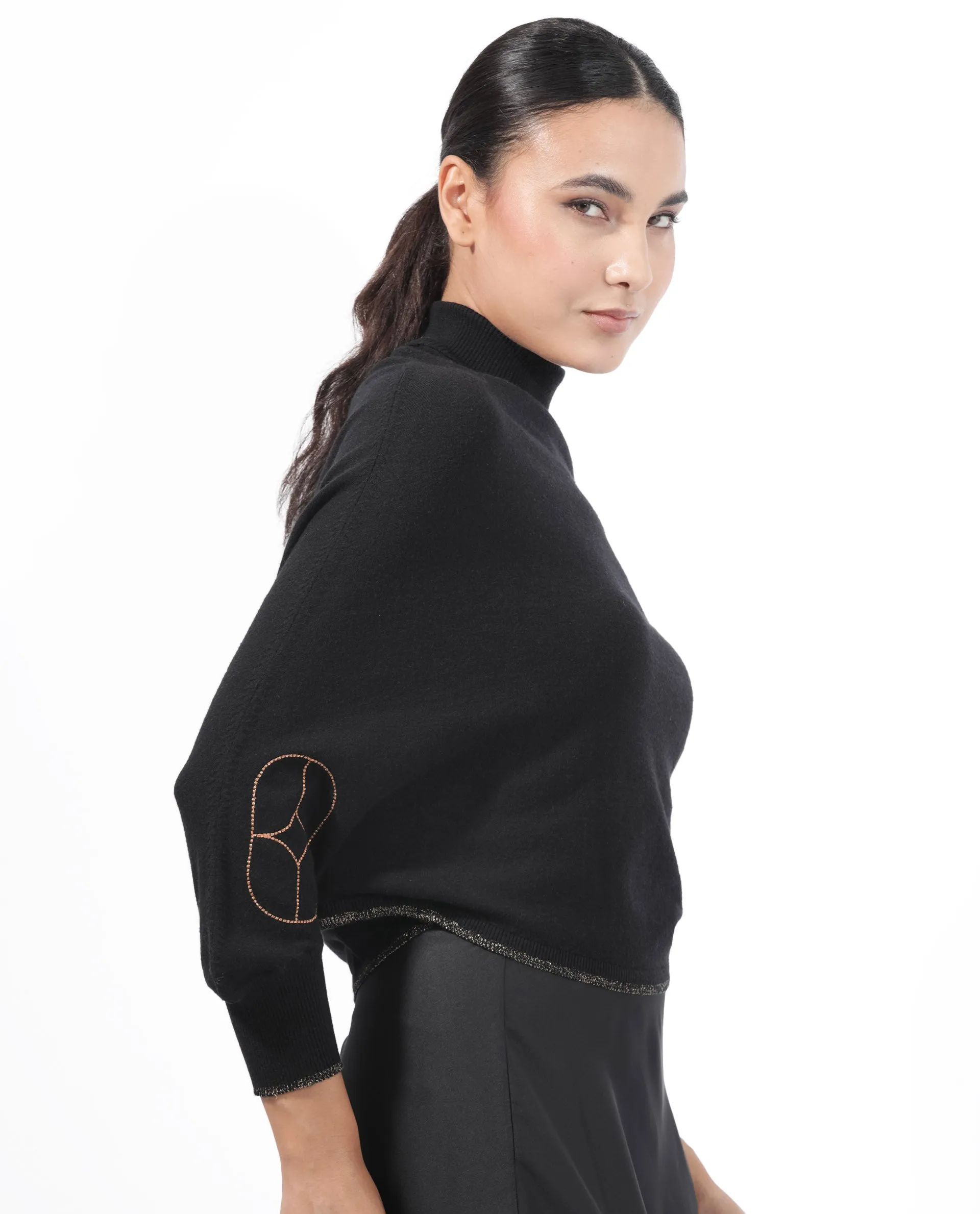 Rareism Women Sabel Black Viscose Fabric Full Sleeves Turtle Neck Kimono Sleeve Relaxed Fit Plain Cropped Sweater