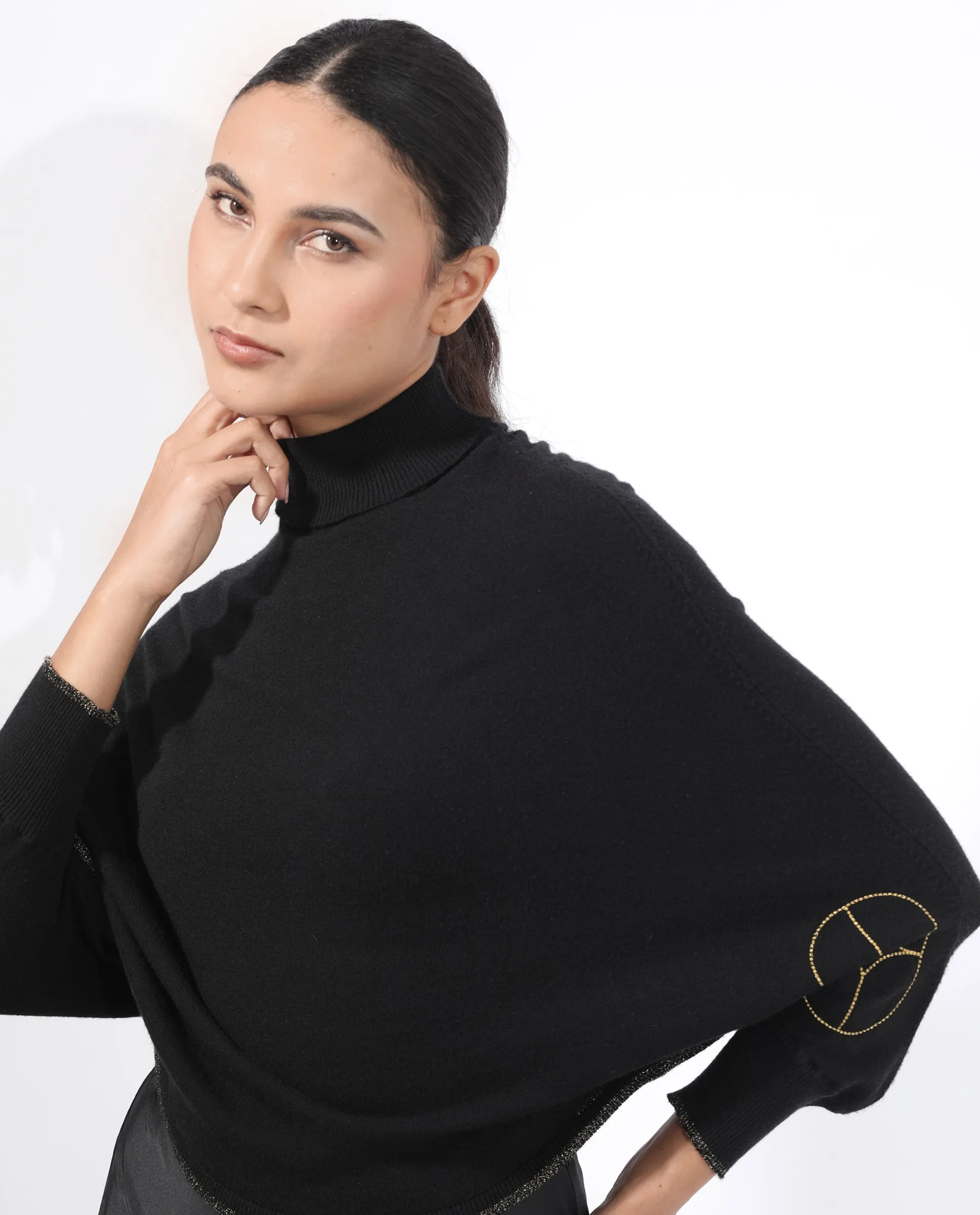 Rareism Women Sabel Black Viscose Fabric Full Sleeves Turtle Neck Kimono Sleeve Relaxed Fit Plain Cropped Sweater
