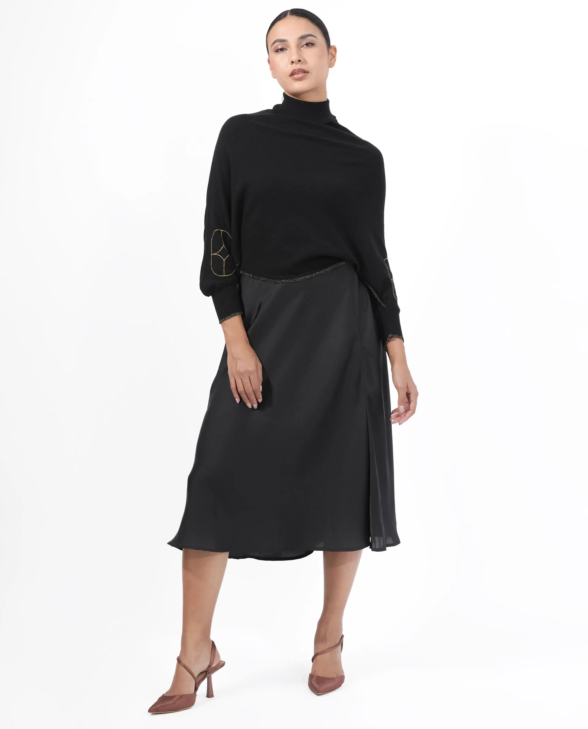 Rareism Women Sabel Black Viscose Fabric Full Sleeves Turtle Neck Kimono Sleeve Relaxed Fit Plain Cropped Sweater