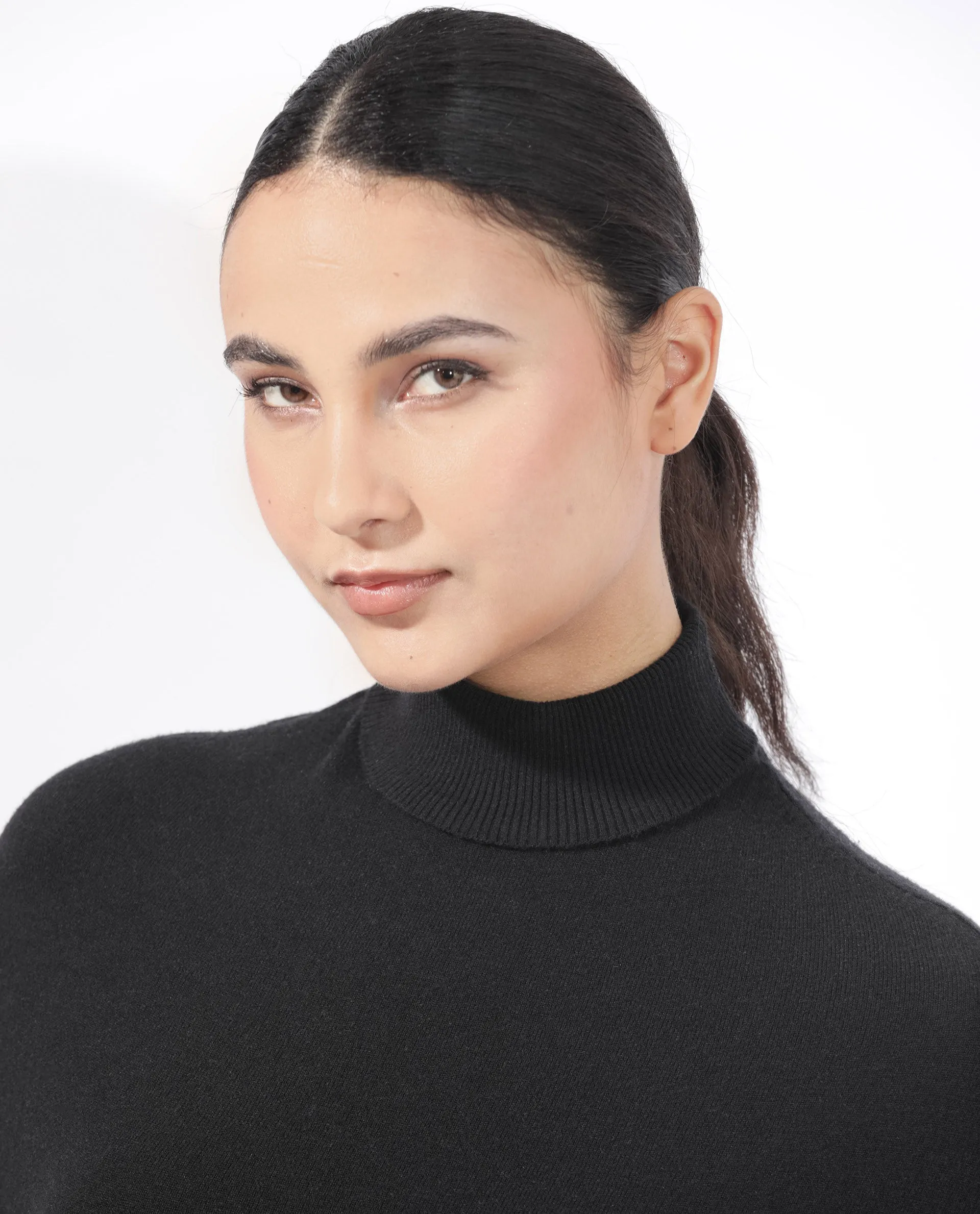 Rareism Women Sabel Black Viscose Fabric Full Sleeves Turtle Neck Kimono Sleeve Relaxed Fit Plain Cropped Sweater