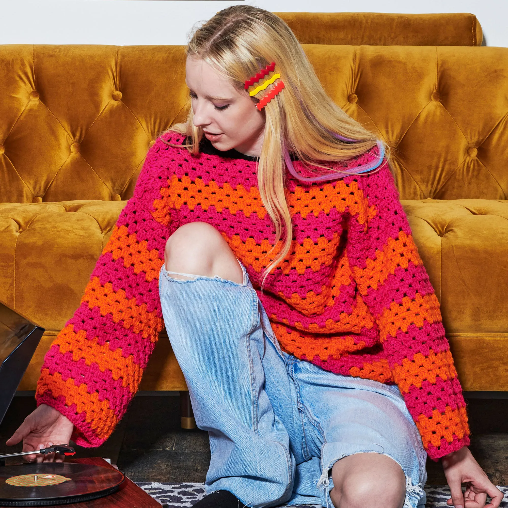 Red Heart Bright Stripes Crochet Sweater