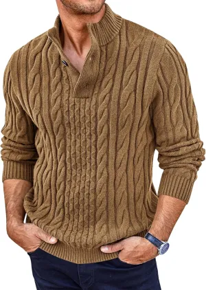 Runcati Mens Cable Knit Pullover Sweater Casual Stand Collar Chunky Buttons Fall Winter Sweaters