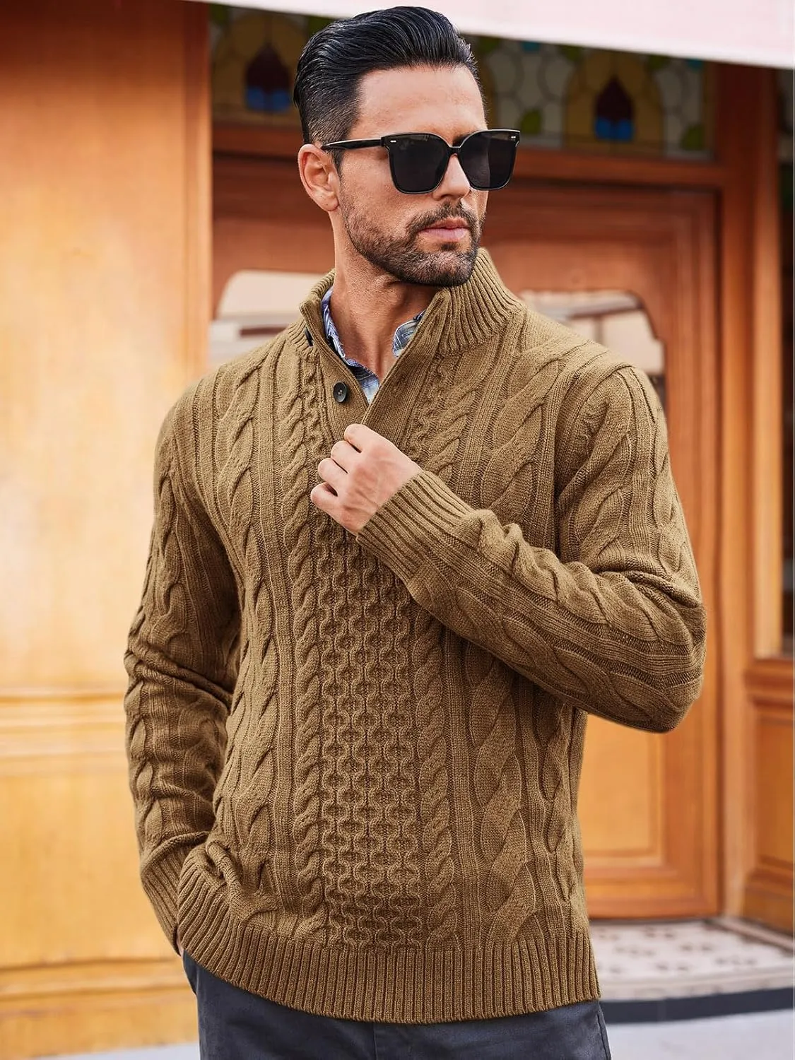 Runcati Mens Cable Knit Pullover Sweater Casual Stand Collar Chunky Buttons Fall Winter Sweaters