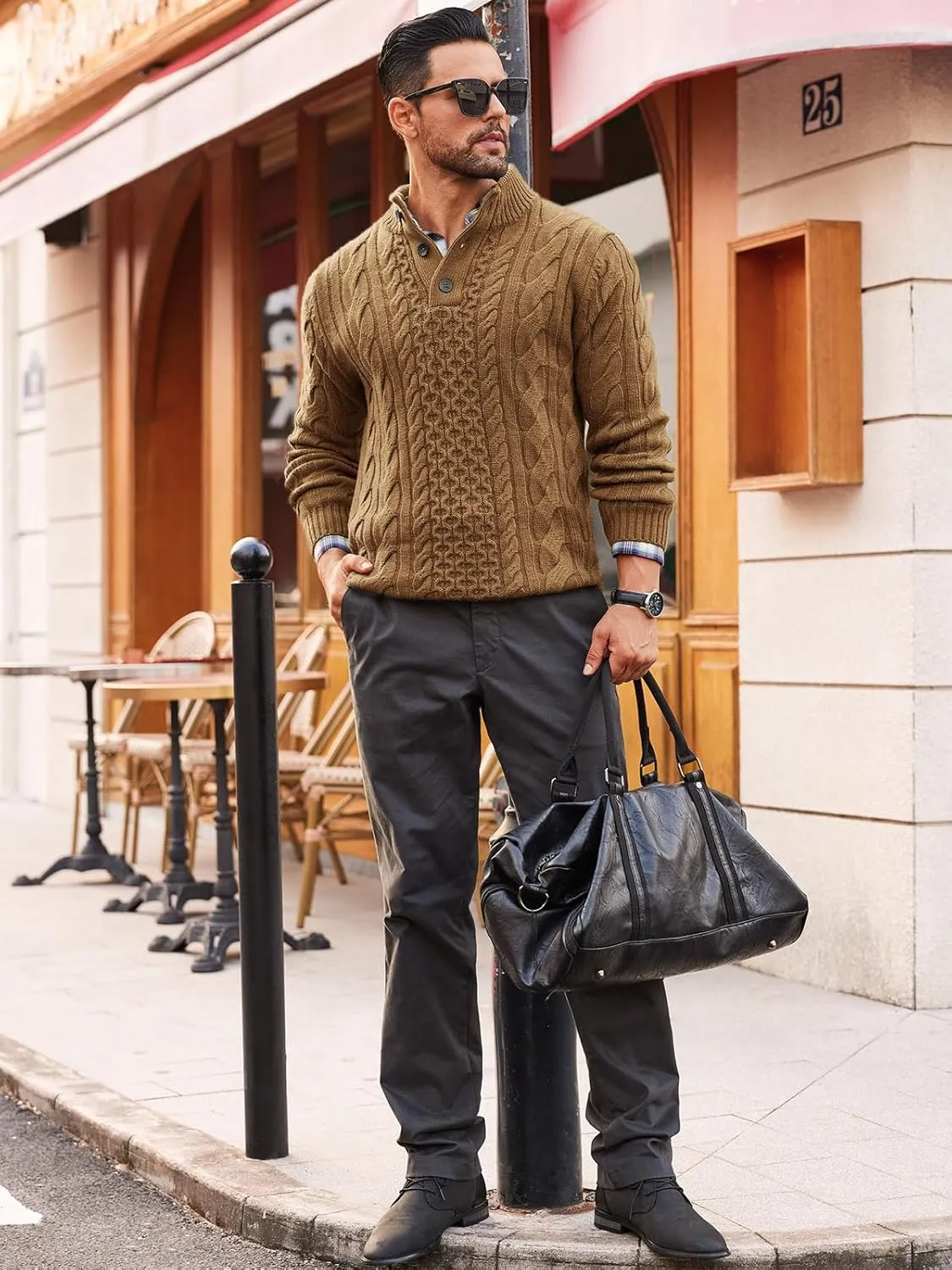 Runcati Mens Cable Knit Pullover Sweater Casual Stand Collar Chunky Buttons Fall Winter Sweaters
