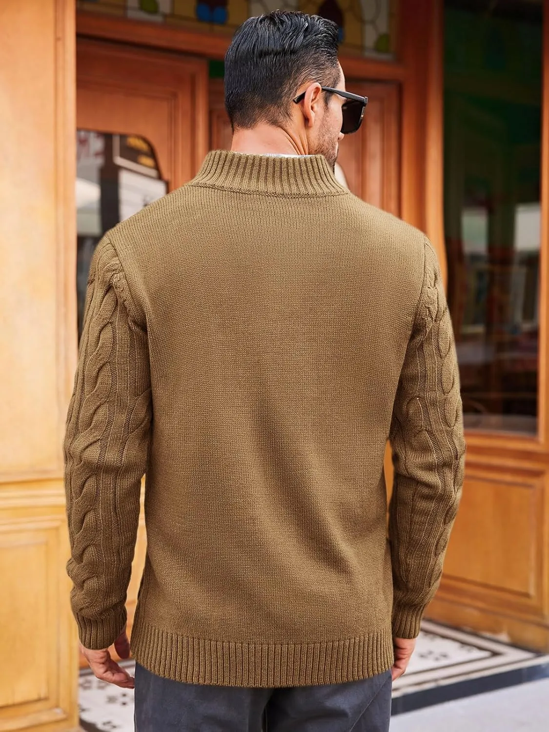Runcati Mens Cable Knit Pullover Sweater Casual Stand Collar Chunky Buttons Fall Winter Sweaters