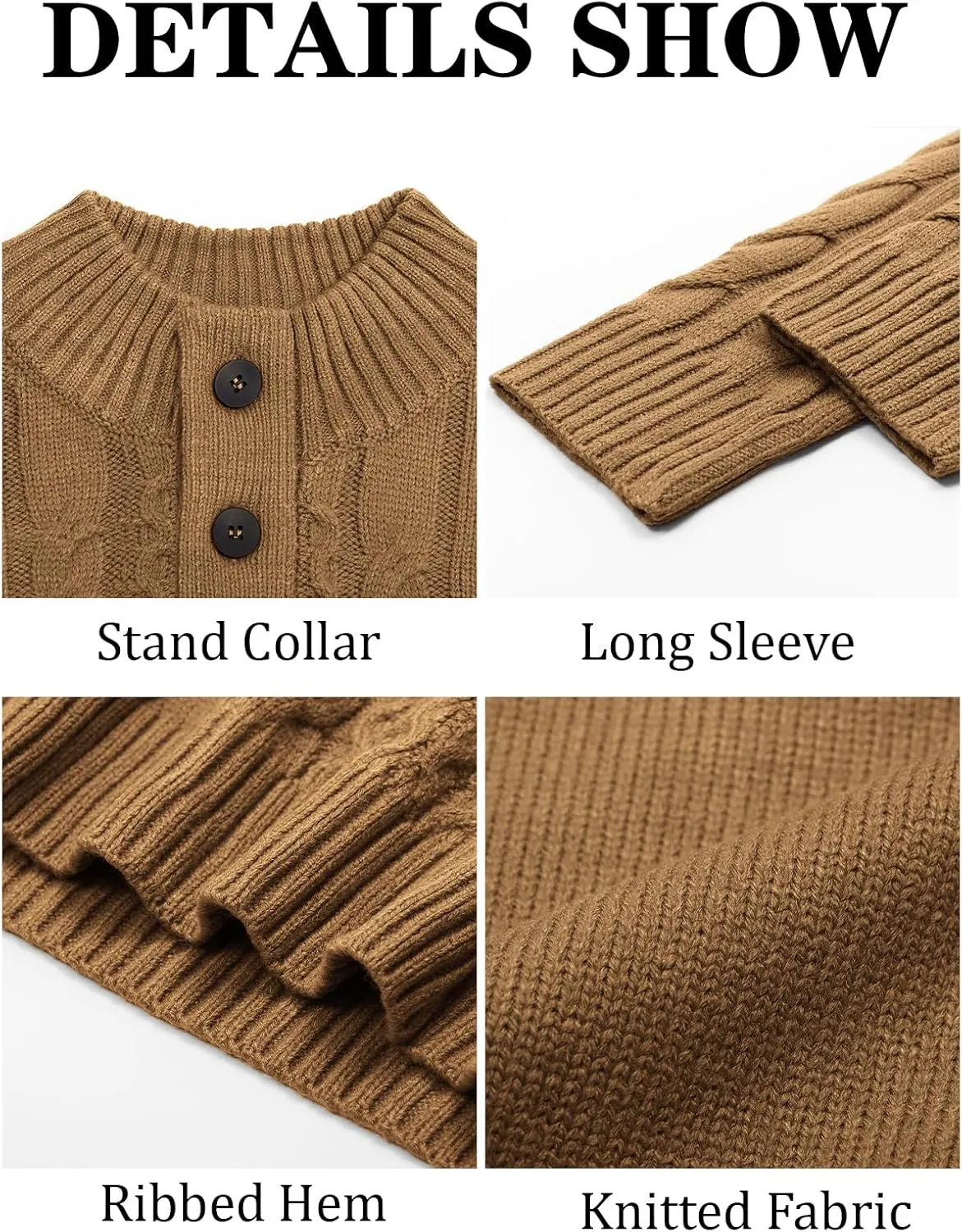 Runcati Mens Cable Knit Pullover Sweater Casual Stand Collar Chunky Buttons Fall Winter Sweaters