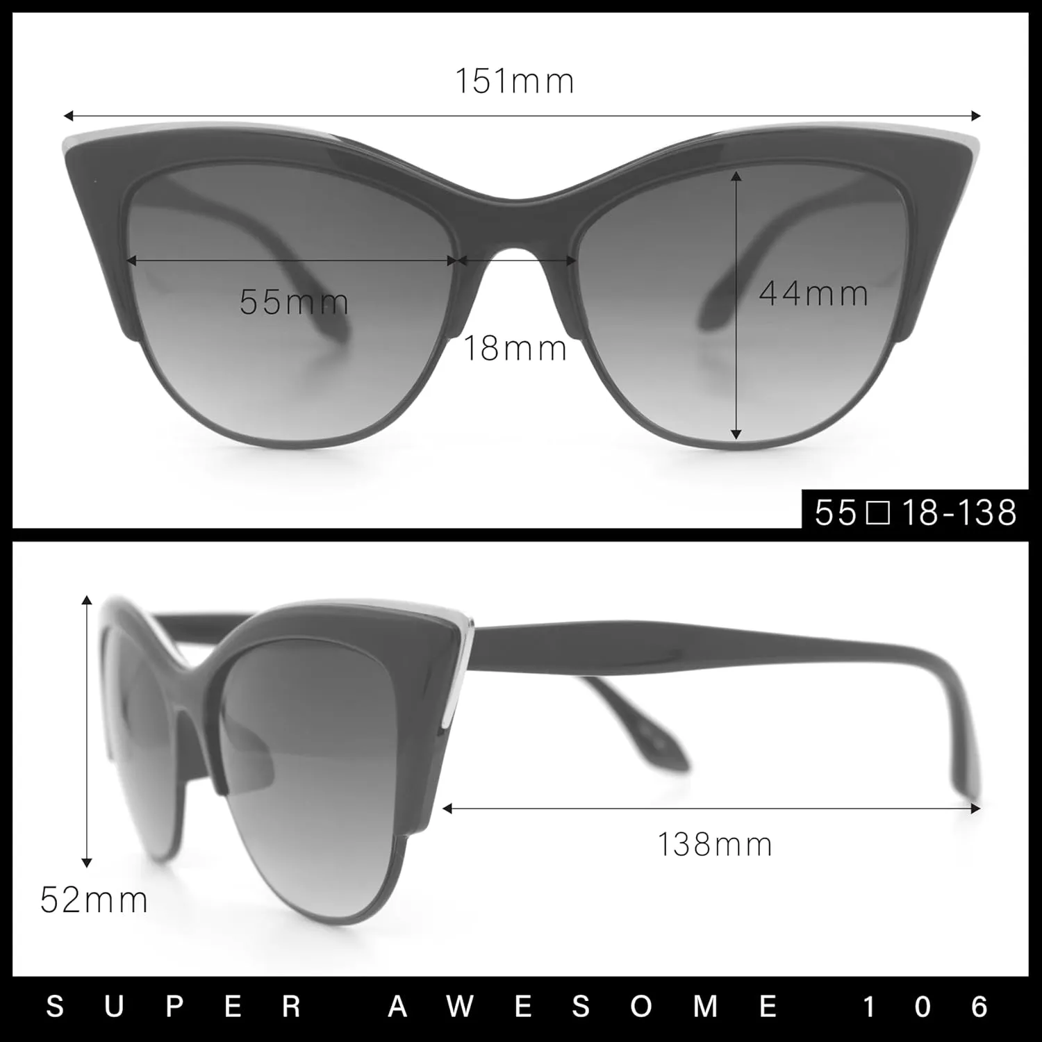 SA106 Womens High Point Squared Half Rim Look Cat Eye Sunglasses