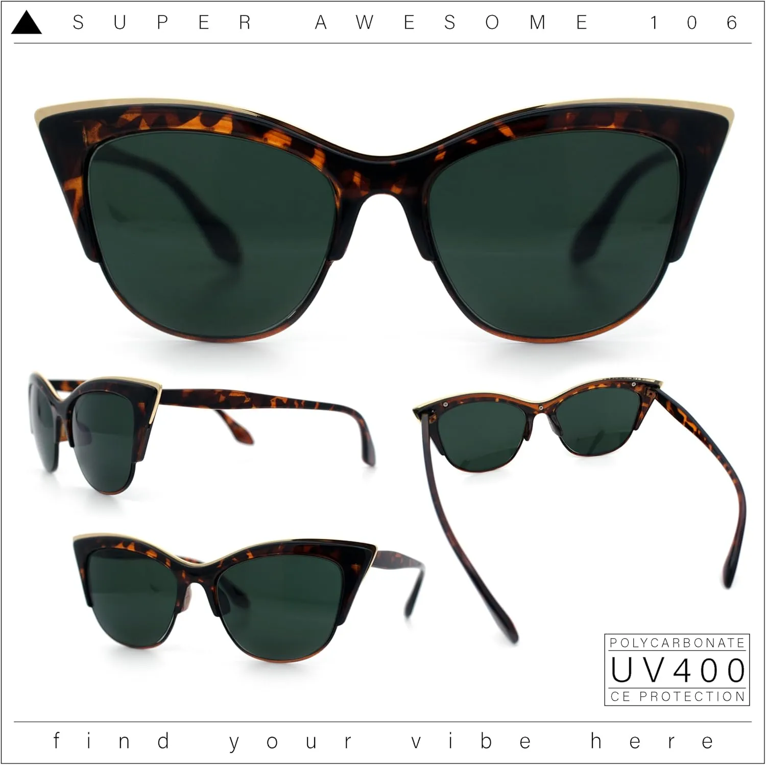 SA106 Womens High Point Squared Half Rim Look Cat Eye Sunglasses
