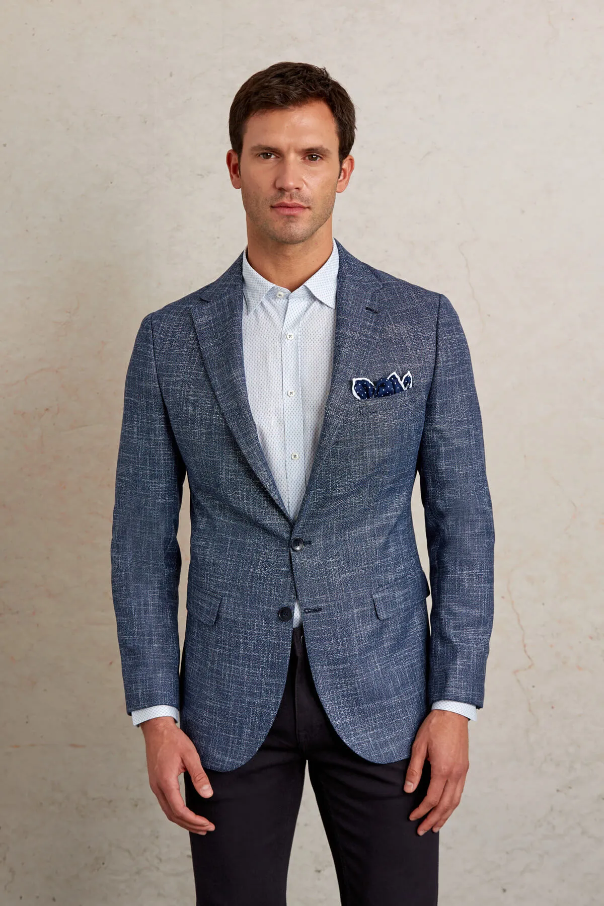 Slim Fit Notch Lapel Patterned Beige Casual Blazer, Navy D.