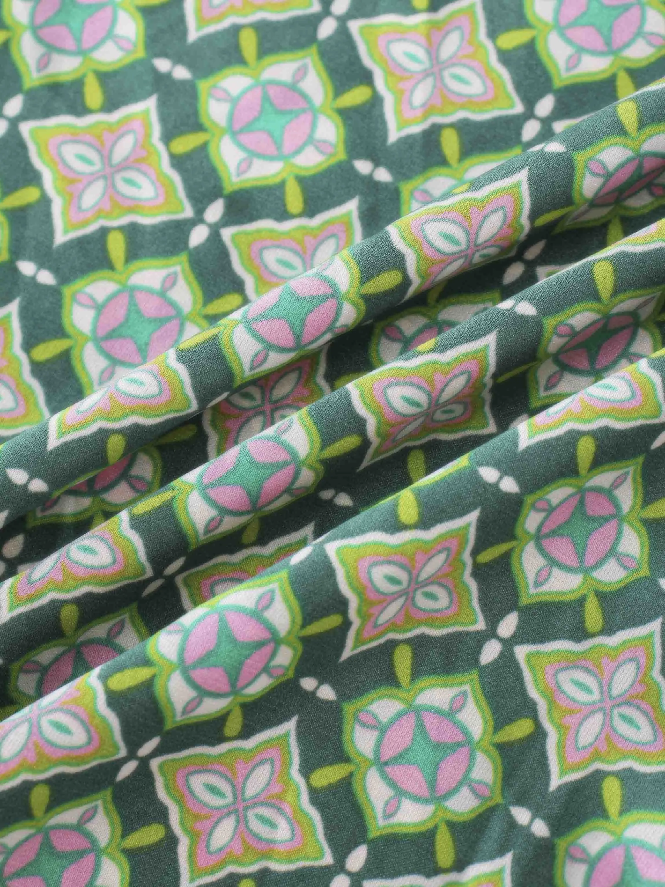 SMOCKED BLOUSE-GEOMETRIC MEDALLION GREEN