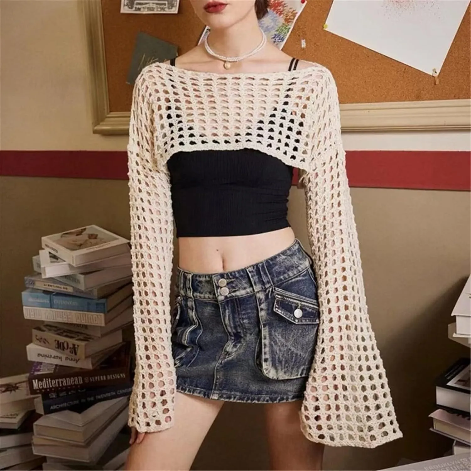 Sweaters,Women Grunge-Crochet Knit See Through Crop Tops Up Shrug Long Sleeve Neck Casual Cropped Smock Top Blouse