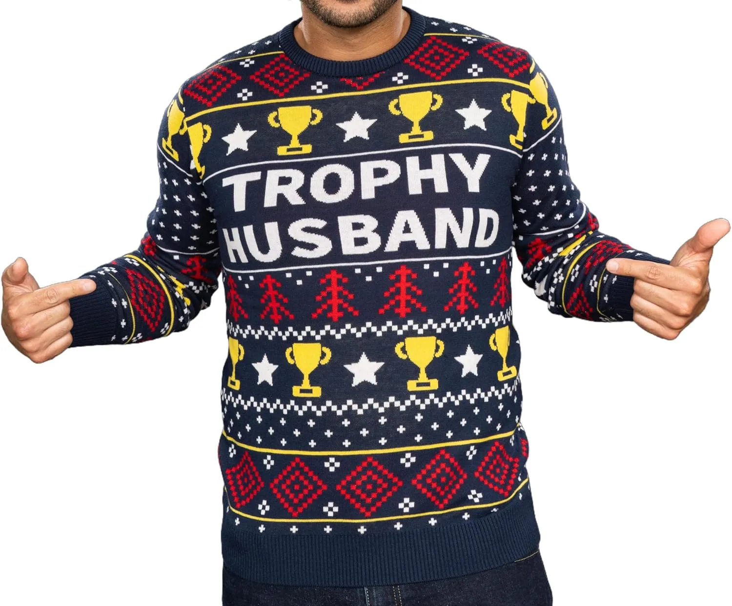 Trophy Husband and Wife Couple's Adult Unisex Funny Fully Knitted Long Sleeve Ugly Christmas Sweater