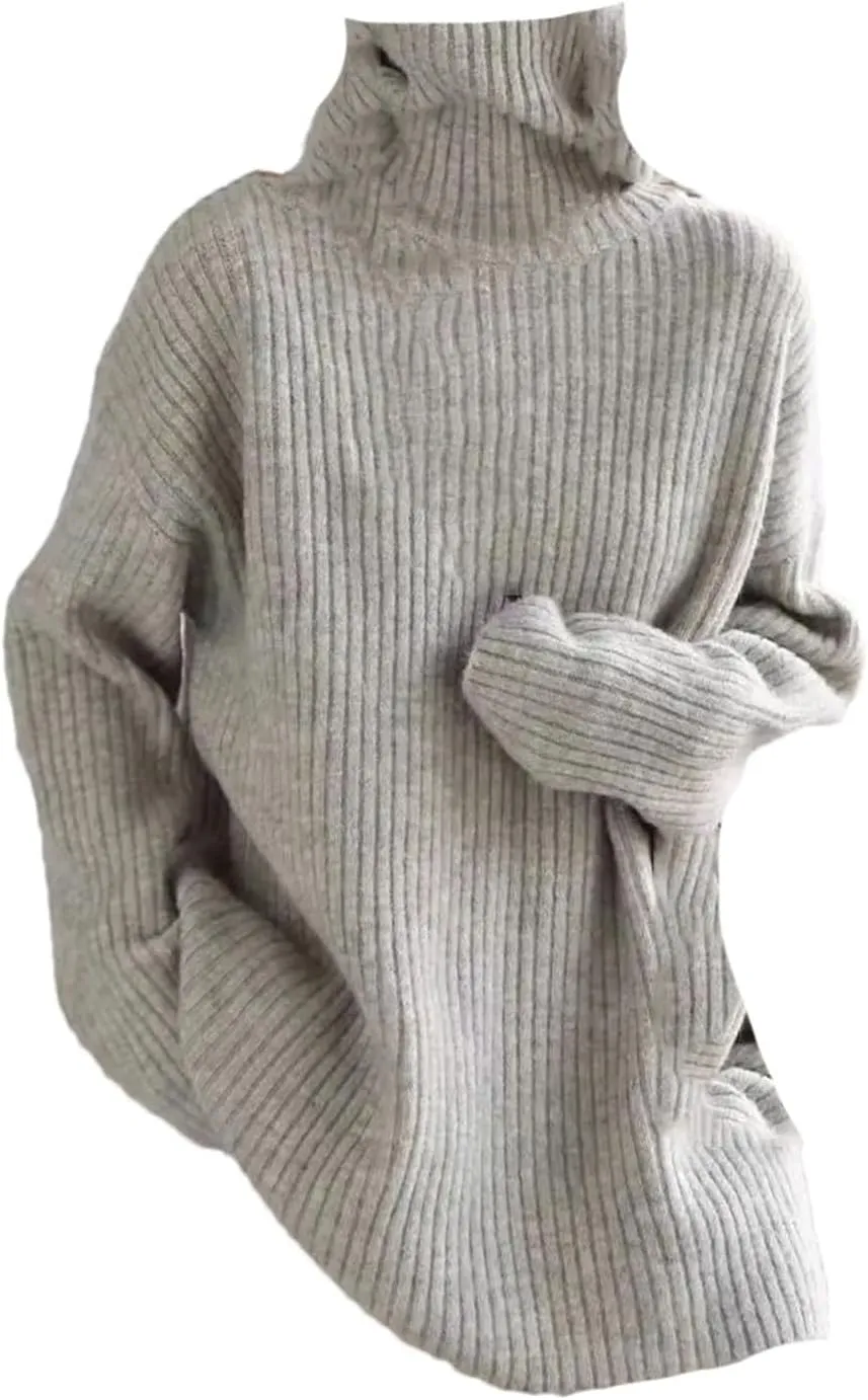 Women Loose Turtleneck Sweater Pullover Thick Medium Long Sweater Oversized Casual Sweater