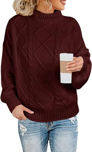 Womens Turtleneck Oversized Pullover Sweaters Cable Knit Batwing Long Sleeve Loose Fit Chunky Jumper Tops
