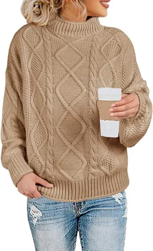 Womens Turtleneck Oversized Pullover Sweaters Cable Knit Batwing Long Sleeve Loose Fit Chunky Jumper Tops