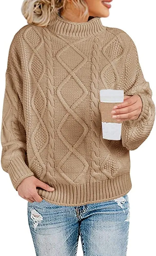 Womens Turtleneck Oversized Pullover Sweaters Cable Knit Batwing Long Sleeve Loose Fit Chunky Jumper Tops