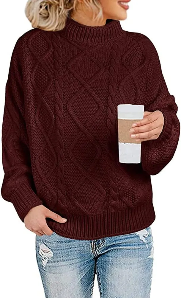 Womens Turtleneck Oversized Pullover Sweaters Cable Knit Batwing Long Sleeve Loose Fit Chunky Jumper Tops
