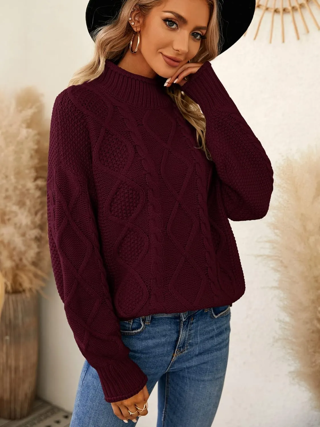 Womens Turtleneck Oversized Pullover Sweaters Cable Knit Batwing Long Sleeve Loose Fit Chunky Jumper Tops