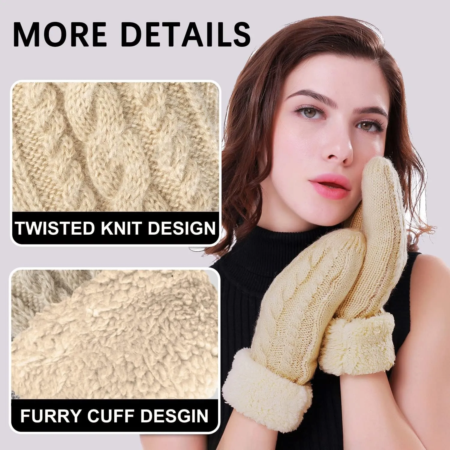 Women's Winter Gloves Warm Lining - Cozy Wool Knit Thick Gloves Mittens