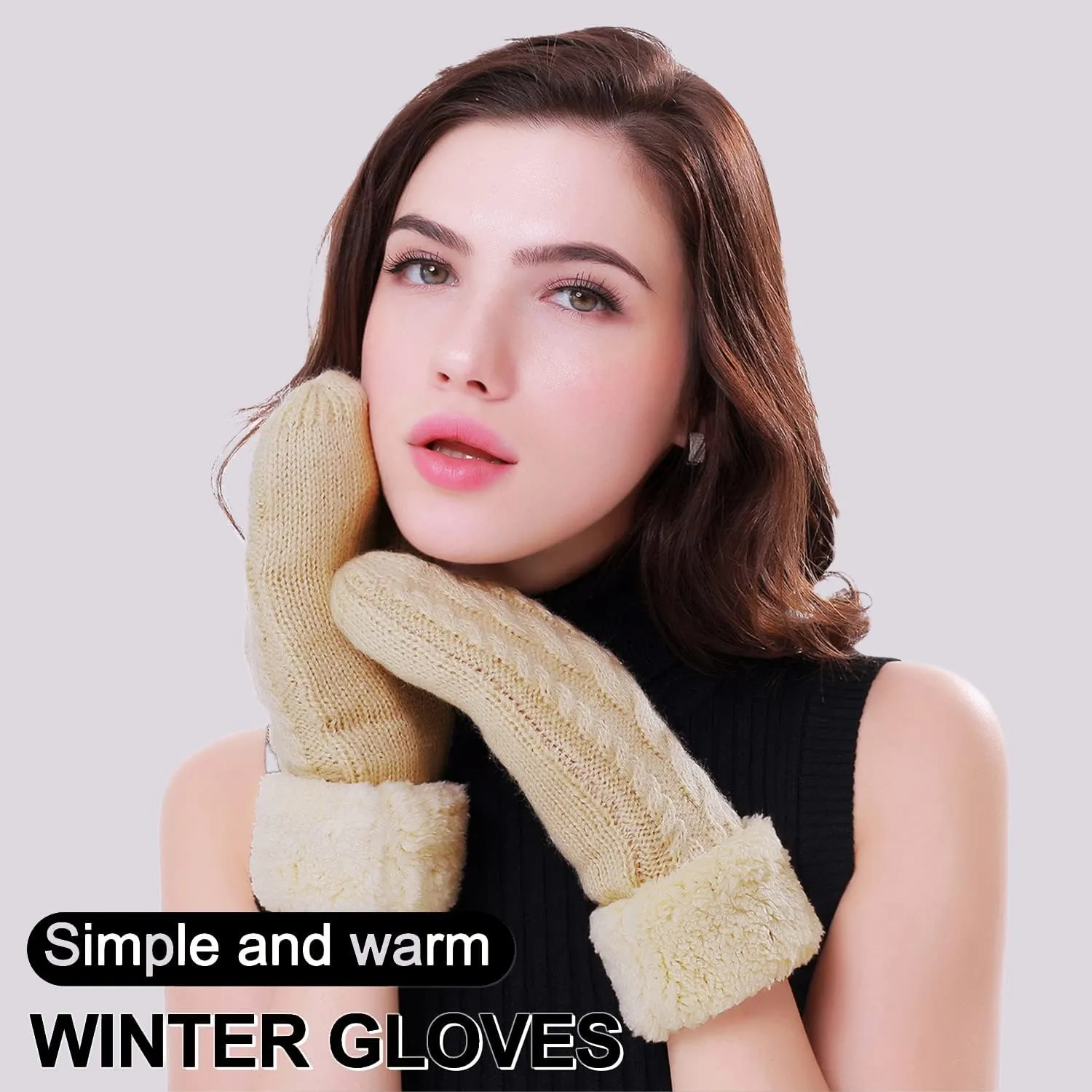 Women's Winter Gloves Warm Lining - Cozy Wool Knit Thick Gloves Mittens