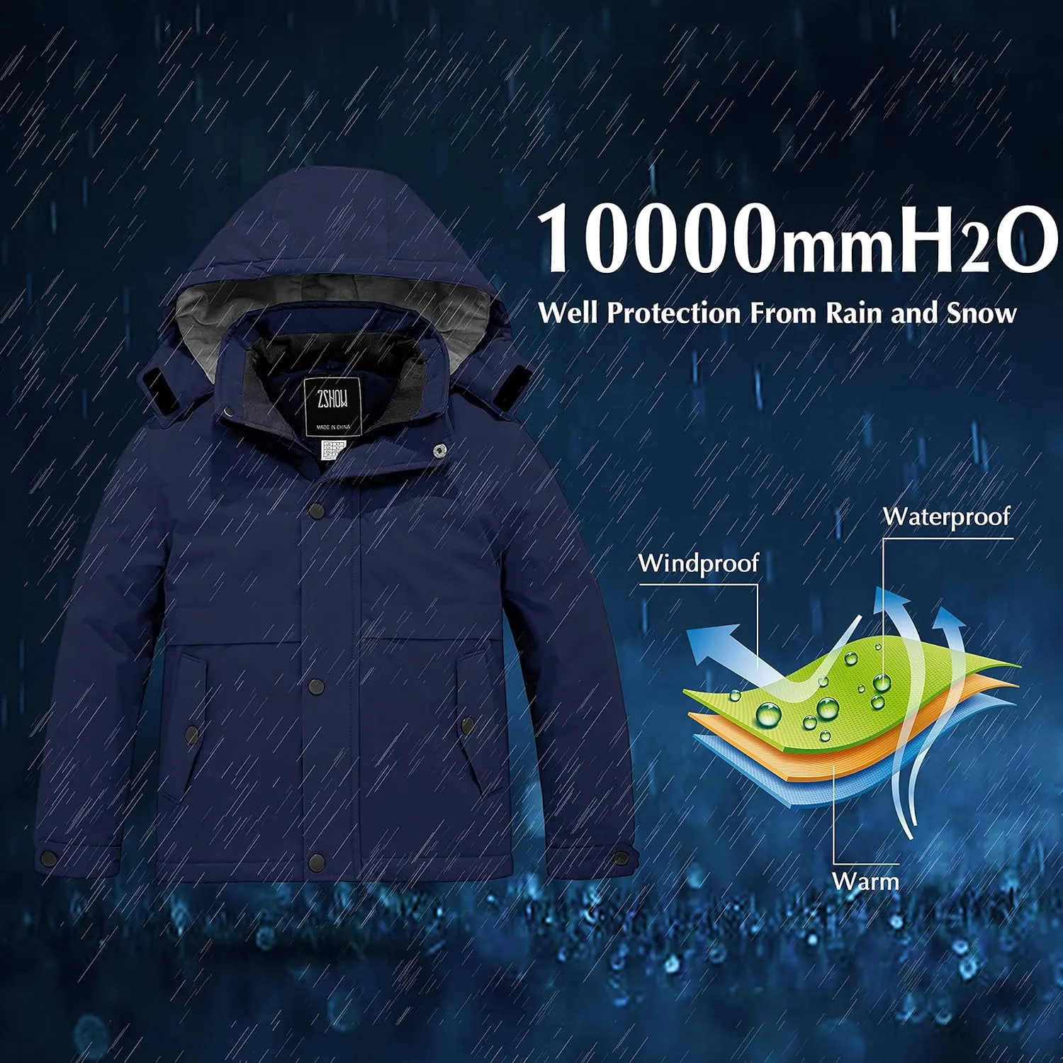 ZSHOW Boys' Waterproof Ski Jacket Hooded Fleece Lined Raincoat Warm Winter Coat